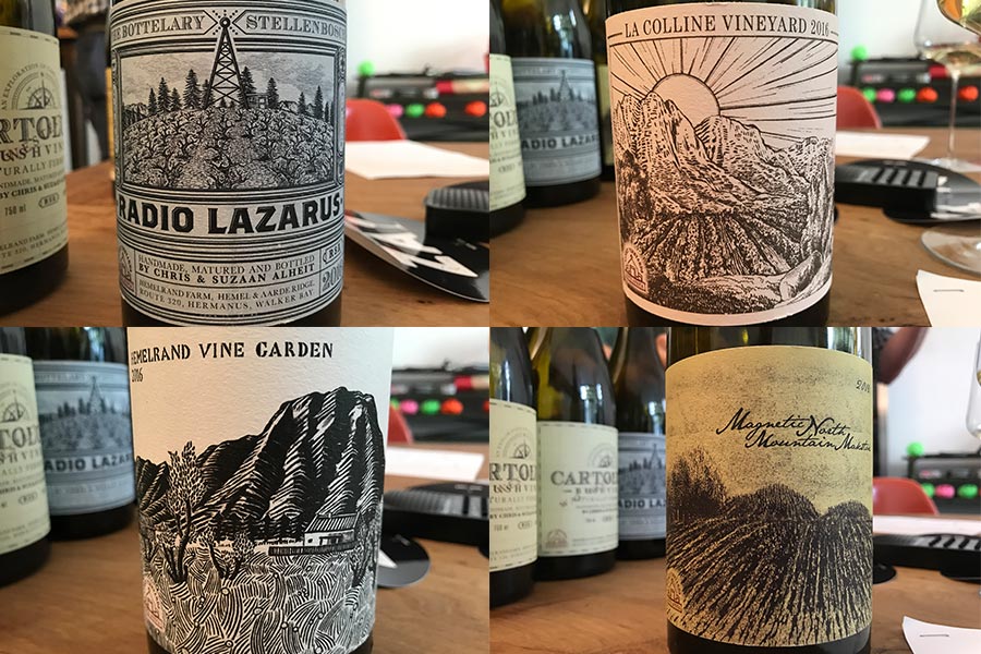 Alheit-Vineyards Crus: Radio Lazarus, La Colline, Hemelrand Vineyard, Magnetic North (von links oben im Uhrzeigersinn)